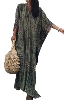 Imagen del producto de Solidchoice - Kimono largo bohemio con cuello en V, vestido de playa para mujer
