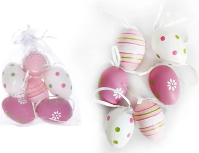 Zdjęcie produktu dla Dekoracyjne plastikowe malowane jajko 6 cm, 6 sztuk w woreczku z organzy