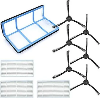 A collection of vacuum cleaner accessories, including filters and side brushes, laid out on a white background.