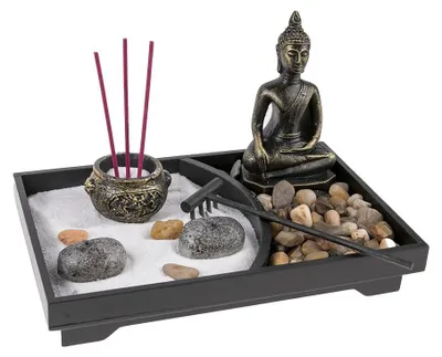 Zen-Garten Buddha Deko, Stein/Holz/Harz, 23x15x12,5 cm, schwarz