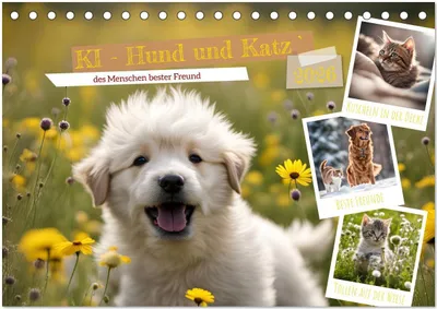 Produktbild von KI - Hund und Katz `des Menschen bester Freund (Tischkalender 2026 DIN A5 quer), CALVENDO Monatskalender
