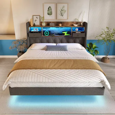 Produktbild von MODFU Polsterbett 140x200 Jugendbett mit LED-Beleuchtung und Ladestation, Doppelbett mit Stauraum-Kopfteil und Lattenrost, Bettgestell ohne Matratze aus Leinen, Grau