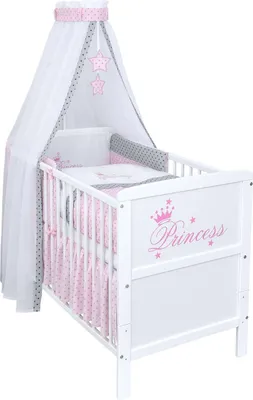 Produktbild von Baby-Delux Babybett Kinderbett Natalie Princess 140×70 Weiß Beißschienen Komplett Bettset Princess Stars mit Matratze