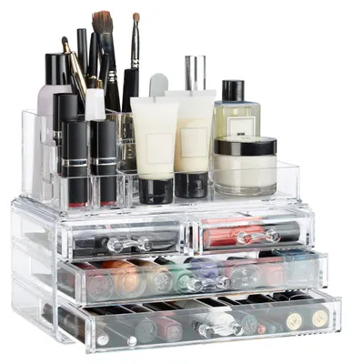 Produktbild von Kosmetik-Organizer mit 4 Schubladen, Halterung für Nagellack und Lippenstift, Acryl, transparent, 185 x 71 x 90 cm