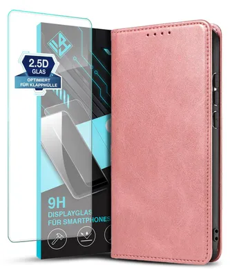 Produktbild von Handyhülle für Samsung Galaxy A17 / A17 5G mit 9H Displayglas Kunstleder Flip Cover Hülle Handytasche Case Kartenfach Farbe: Rosa
