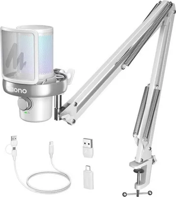 A white USB microphone with a boom arm and accessories on a white background.