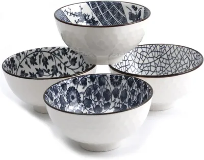 Produktbild von Set aus 4 traditionellen japanischen Schalen - Bicolore Motive - Reisschalen 11 cm - Asiatisches Geschirr - Geschenkidee Zen-Dekoration, Blue And White