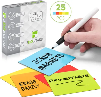 Produktbild von 2DOBOARD Beschreibbare Magnete - 7,5 x 7,5 cm Bunt - 25 Stück - Kanban Magnete, Scrum Magnetische Karten oder Magnetstreifen beschreibbar für Whiteboard und Kühlschrank (Mix - 5 Farben)