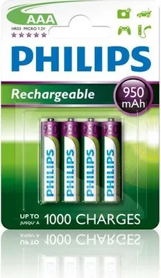 Produktbild von Philips Rechargeables Akku R03B4A95/10, Wiederaufladbarer Akku, AAA, Nickel-Metallhydrid (NiMH), 1,2 V, 950 mAh, Mehrfarbig