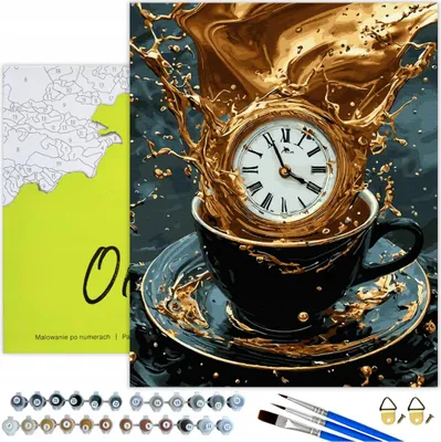 Immagine prodotto di Pittura con i numeri Adulti e bambini Orologio da caffè 50x40 - 26 colori acrilici, tela con telaio in legno, 3 pennelli, accessori, vernice dorata Oh Art!