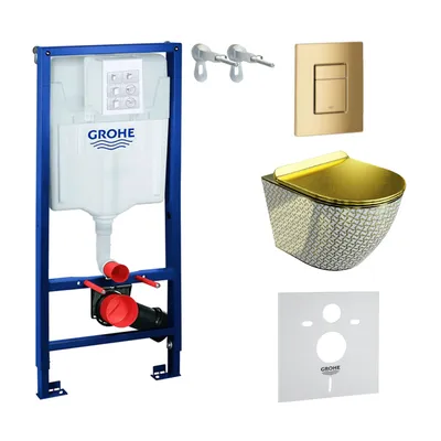 Produktbild von GROHE Vorwandelement Solido + Wand Hänge WC Sofi Slim Golden Never Die Weiß Spülrandlos + WC-Sitz SoftClose | Goldener Knopf | Komplettset | Unterputz Spülkasten | Toilette Komplett Sett