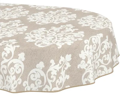 Produktbild von Tischdecke 140x220cm Oval Beige abwaschbar Baumwolloptik Barock Ornament Beige wetterfest mit Saumkante