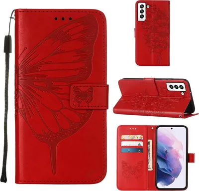Produktbild von Galaxy S23 Hülle, Schmetterling Prägung Flip Leder Kartenfächer Schutzhülle Ledertasche mit Ständer für Samsung Galaxy S23 Rot