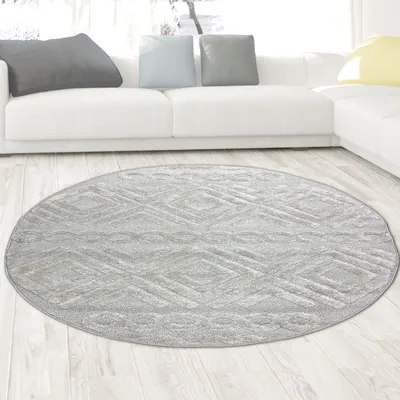 Produktbild von Hochflor Wohnzimmerteppich Boho Style mit Rautenmuster und Kreisen in Beige Größe - 160 cm Rund