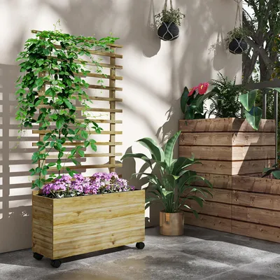 Produktbild von Hochbeet Pflanzkasten - Blumenkasten mit Rankgitter - Holz - Auf Rollen - Für Garten & Terrasse