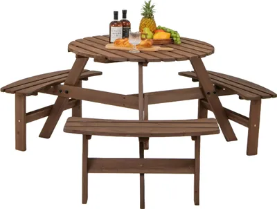 Immagine prodotto di Set da birreria KOMFOTTEU per 8 persone, set da picnic in legno di abete con 4 panche e foro per ombrellone, mobili da giardino φ179 x 70 cm, set da giardino per terrazza e campeggio (marrone)