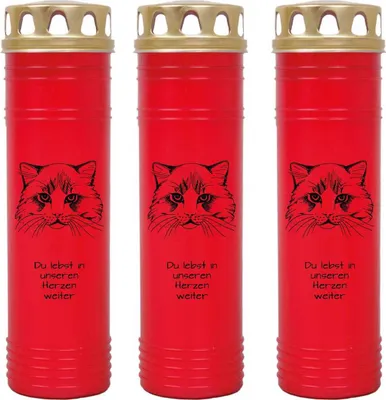 Produktbild von Grabkerze Rot 3er Pack, Brenndauer: 170 Stunden ( je Kerze ), Motiv: Katze 2