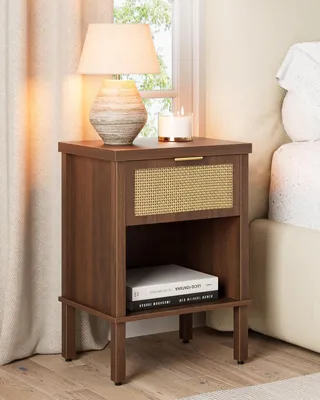 Immagine prodotto di Tavolino da notte e comodino: tavolino da notte in rattan, tavolino laterale in legno, comodino bohémien con cassetto e ripiano aperto, comodini per camere da letto, tavolini per soggiorni