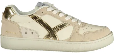 Zdjęcie produktu dla Wygodne damskie sneakersy w kolorze beżowym, z złotymi akcentami i wymienną wkładką