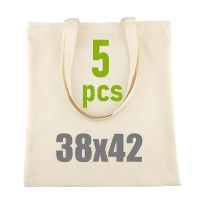 Produktbild von LEVIATAN Schwere Baumwolltasche Jutebeutel mit Zwei Langen Henkeln 38x42cm 144g/m2 Einkaufstasche | Tragetasche | Natur Verpackung 5 Stück