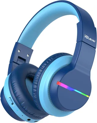 Obrázek produktu pro iClever Bluetooth dětská sluchátka, barevná LED světla, dětská sluchátka přes uši s omezením hlasitosti na 74/85 dBA, 85 hodin přehrávání, Bluetooth 5.2, vestavěný mikrofon, modrá barva