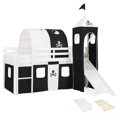 Image de Lits superposé 90x200 cm avec Tour Tunnel Toboggan Matelas Lit mezzanine en Bois Pin Massif Rideau Pirate Noir Sommier à lattes