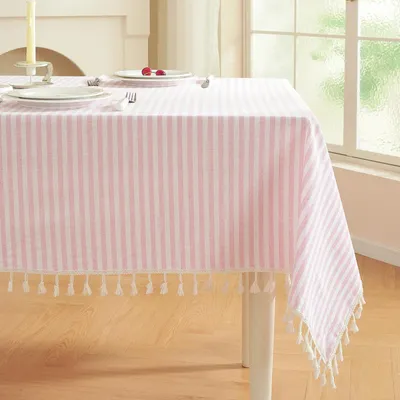Produktbild von Gestreifte Tischdecke Quadratisch 90x90cm Rosa/Weiße Streifen Baumwoll-Leinen-Mix