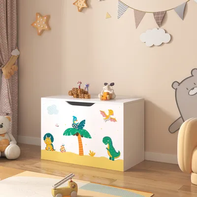 A child's bedroom with a toy chest decorated with dinosaurs.