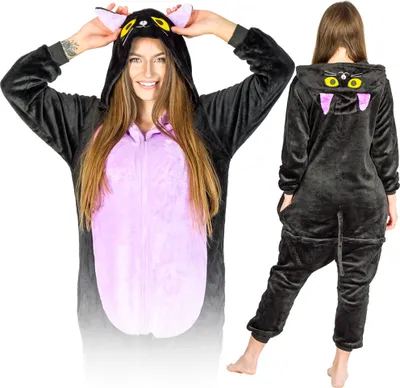 Obrázek produktu pro Dámský a pánský halloweenský kostým - jednodílné pyžamo Black Cat - overal - karnevalové a pyžamové kostýmy pro dospělé, velikost M