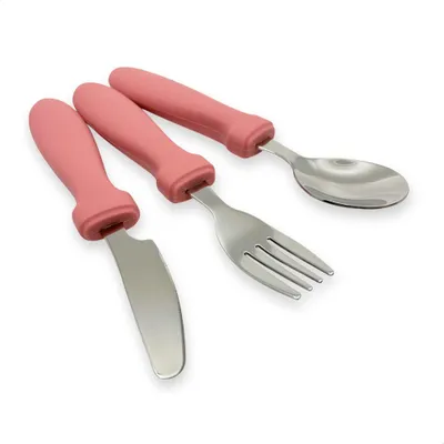 Immagine prodotto di Set di posate per bambini in silicone Smikkels 3 pezzi rosa - posate per bambini