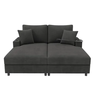 Zdjęcie produktu dla Rozkładana sofa Fortuna Lai z funkcją spania, tapicerowanym siedziskiem, uchwytem na telefon komórkowy, portem USB i uchwytem na napoje. Nadaje się do salonu, sypialni lub kina domowego. Kolor szary.