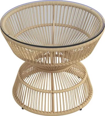 Produktbild von Beistelltisch Rattan Ø 60 cm Couchtisch mit Hartglas-Tischplatte, Boho-Design Gartentisch aus Naturholz & Kaffeetisch für Wohnzimmer oder Terrasse