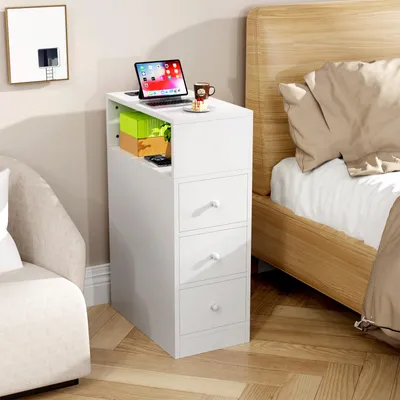Image de Table de chevet, avec 3 tiroirs, compartiment ouvert, 2 prises AC, 2 ports USB