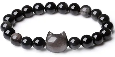 Produktbild von Katzen Armband Damen Obsidian Perlen 8mm Silber Glücksbringer Geschenk