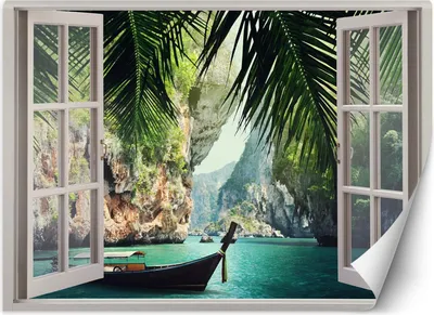 Immagine prodotto di Murale grande vista dalla finestra spiaggia tropicale con palme carta da parati 280x200 cm colore Verde tema Paesaggi