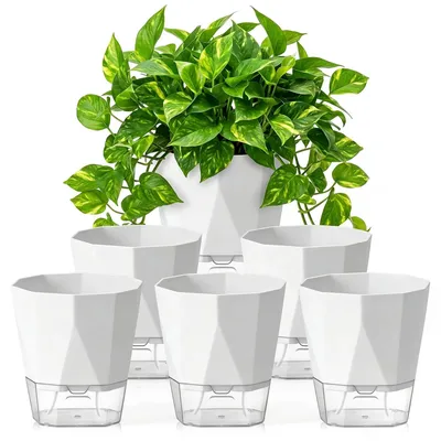 Productafbeelding van Set van 6 Zelfbewaterende Bloempotten - 17 x 19 cm - Wit - Voor Binnen en Buiten