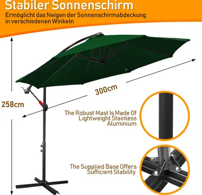 Image de karpal 3m-3.5m Parasol avec LED solaire inclinable Parasol de balcon Parasol de marché UV40+ Parasol de jardin,Vert,3m