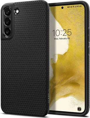 A black phone case is shown next to a smartphone displaying the time and date.