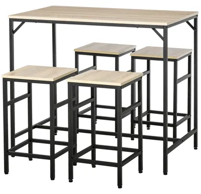 Produktbild von Bartisch Set 5-Teilig Stehtisch 4 Barhocker Tischset Küchentresen Esszimmer Stahl Eiche+Schwarz 100X60X88Cm