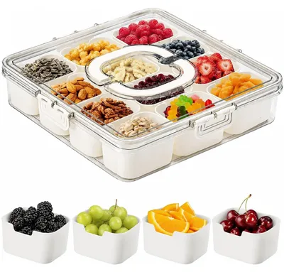 Snackbox mit 12 Fächern, transparent, 30x30x8 cm, mit Deckel und Griff