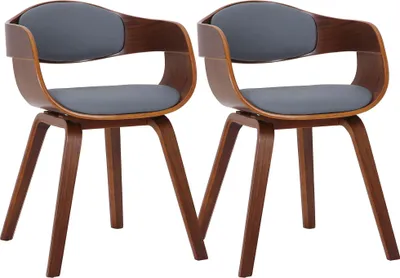 Two modern chairs with curved wooden frames and gray upholstered seats and backrests, displayed against a white background.