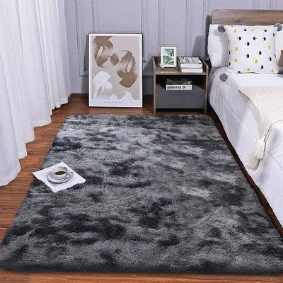 Productafbeelding van Pluizige tapijten voor de slaapkamer - Antislip vloermatten - Shaggy tapijten - Woonaccessoires - 80 x 120 cm - Zwart/grijs