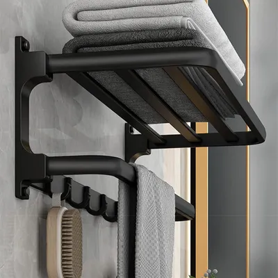 Obrázek produktu pro Věšák na ručníky černý matný bez vrtání 5 háčků na ručníky 58 cm