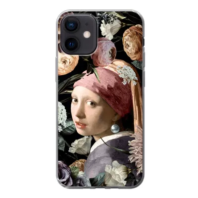Produktbild von MuchoWow® Handyhülle Schutzhülle Hülle für iPhone 12 Mädchen mit Perlenohrring - Blumen - Vermeer - Pastell - Kunstwerk - Gemälde - Alte Meister Silikon Softcase Handy Hülle - Schutzhülle