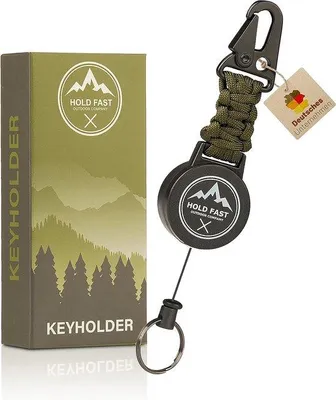 Produktbild von Unyqoos® Hold Fast Outdoor Ausziehbares Schlüsselband mit Karabiner & Paracord – Schlüssel‑ und ID‑Kartenhalter, Skipasshalter, Nylon, Olivgrün
