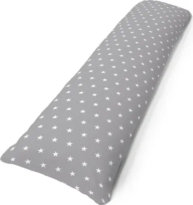 A long pillow with a gray background and white star pattern, lying diagonally on a white surface.