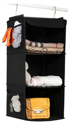 Produktbild von Hängeregal, Hängeaufbewahrung mit 3 Fächern, Hängeorganizer mit Metallhaken, Kleiderschrank- und Camping-Organizer, 30 x 30 x 60 cm, schwarz