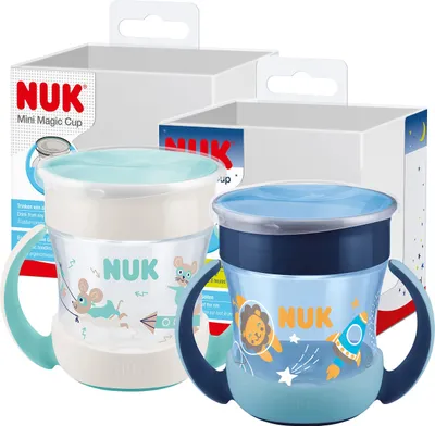 Produktbild von NUK Mini Magic Cup Trinklernbecher mit Leuchteffekt | 6+ Monate | 160 ml | auslaufsicherer 360°-Trinkrand | ergonomische Griffe | -frei | Blau/mint