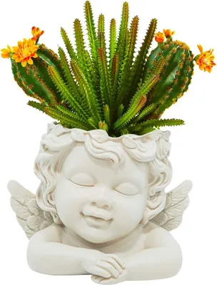 Produktbild von Pflanzentopf, 15 cm, Engelskopf, flache Oberfläche, Blumenhalter, Vase, Harz, Puppe, Gesicht, Pflanzgefäß, Sukkulenten, Behälter, Topf mit Drainageloch für Heimdekoration, Mittelstücke