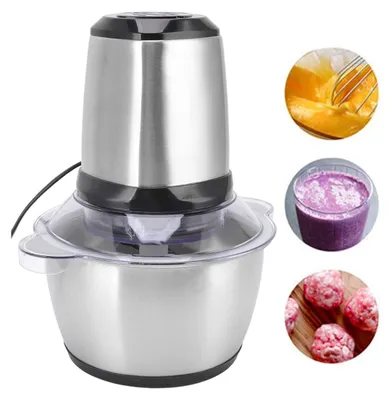 A collage showing a food chopper, beaten eggs, a purple smoothie, and meatballs.
